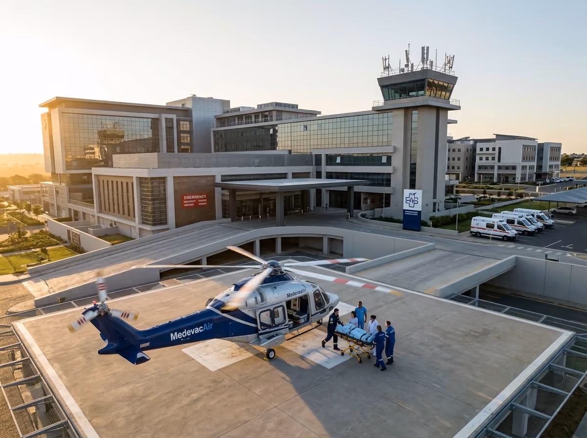 Medical team transfers patient on stretcher from MedevacAir helicopter to hospital helipad.