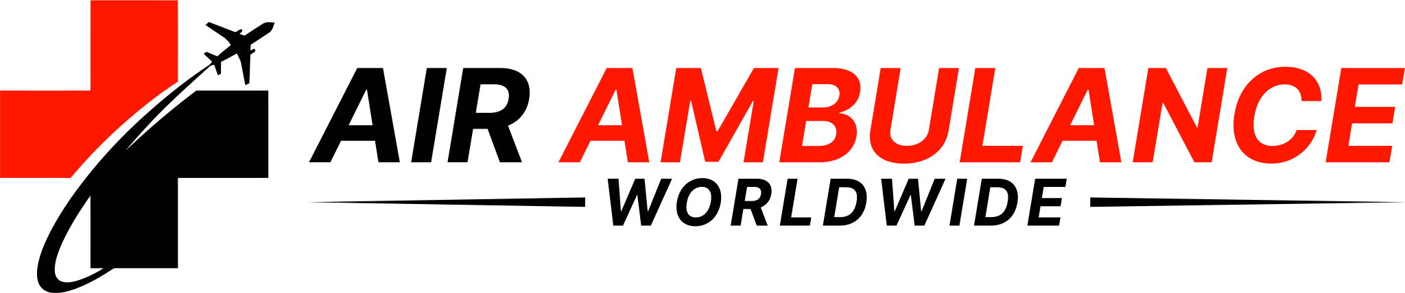 Red and black text logo reading Air Ambulance with an arrow-shaped graphic.