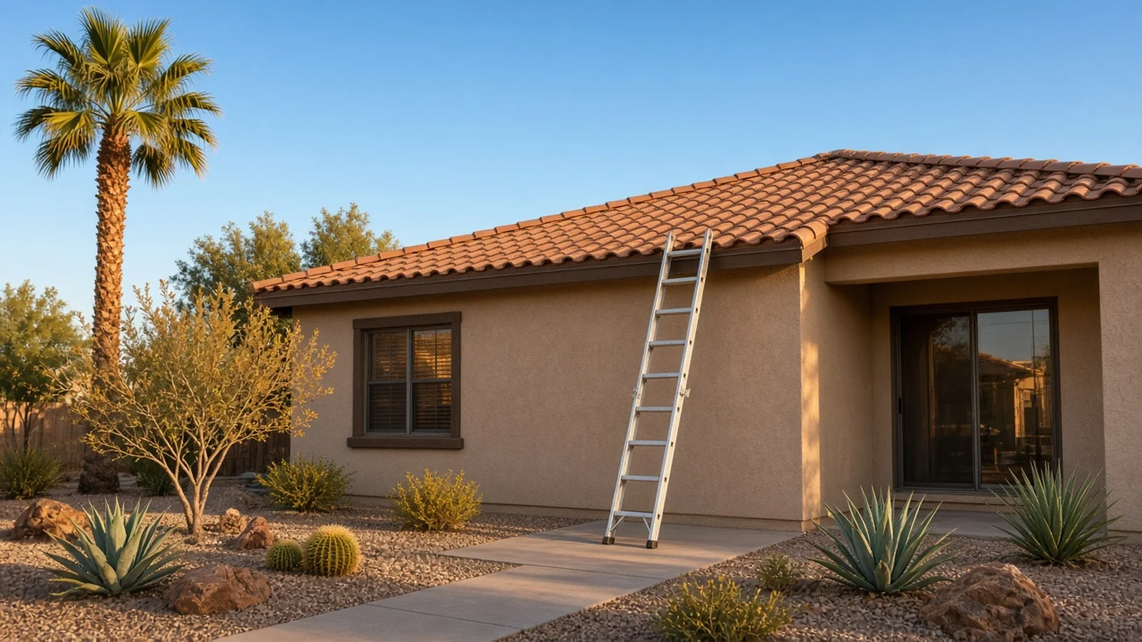 Single-story stucco home with a terracotta tile roof and a ladder set against the eave, in late-afternoon Arizona light.