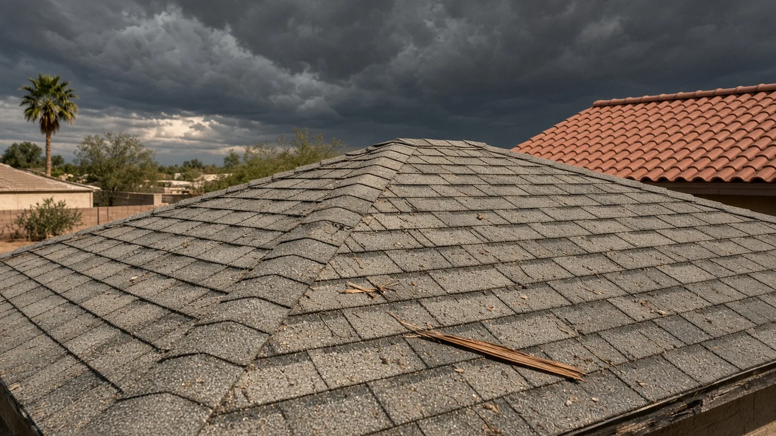 Weathered asphalt shingle roof with scattered debris under dark monsoon clouds, next to a clay tile roof.