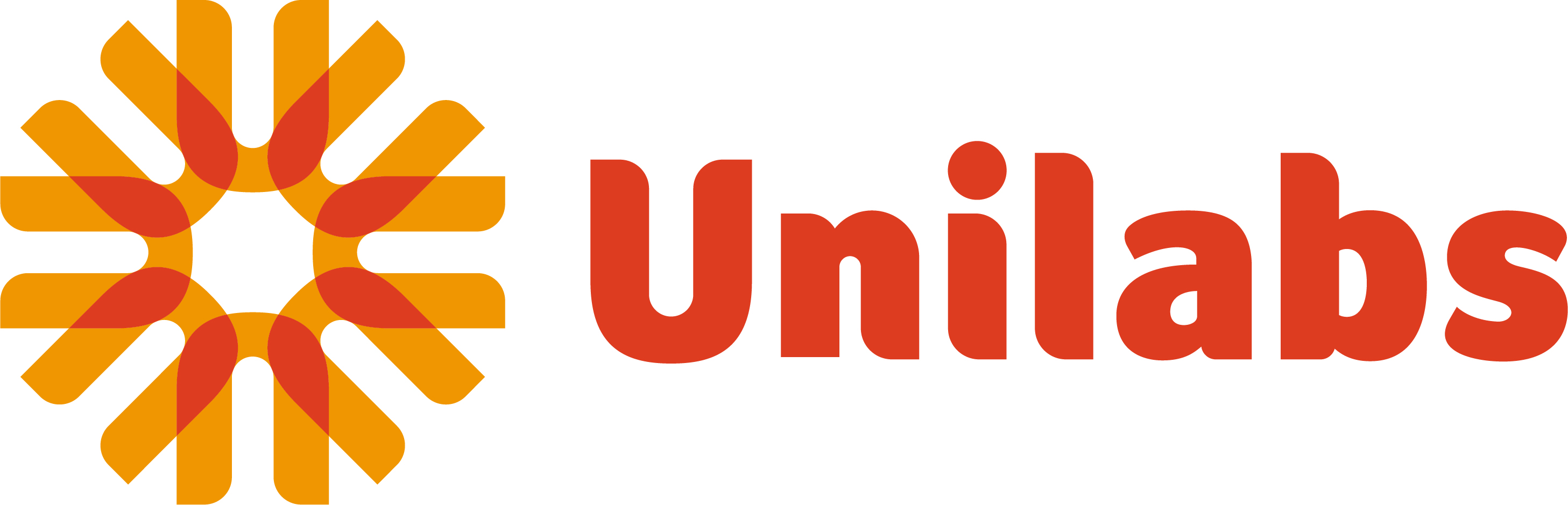 Unilabs logo with stylized orange and red star-shaped emblem next to the company name in red text.