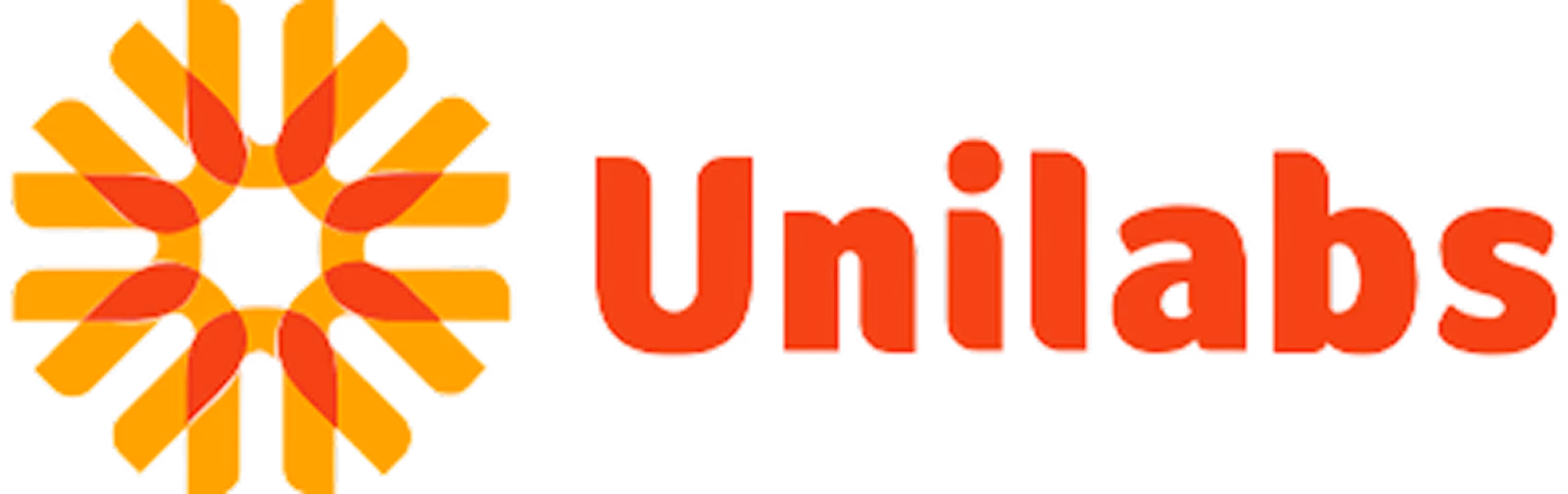 Unilabs logo with orange and red geometric flower-like symbol to the left of the name.