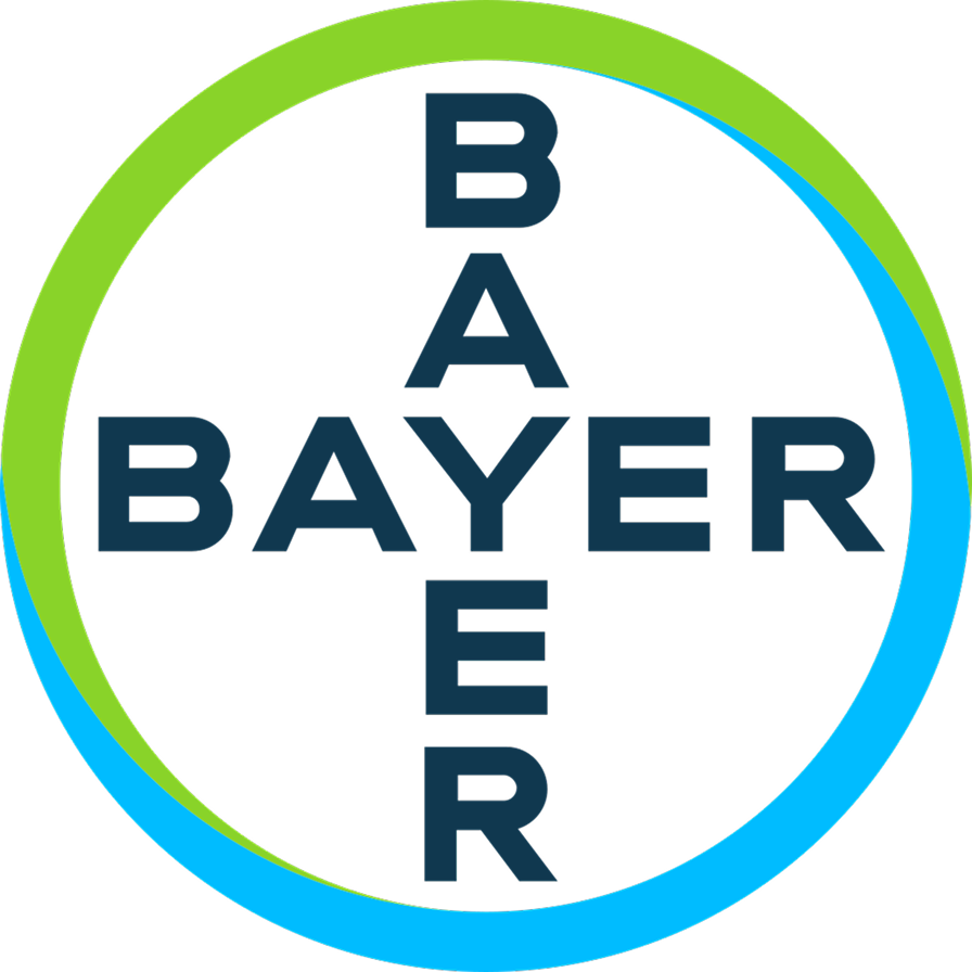 Bayer logo with green and blue circular swooshes around the name Bayer in dark letters.