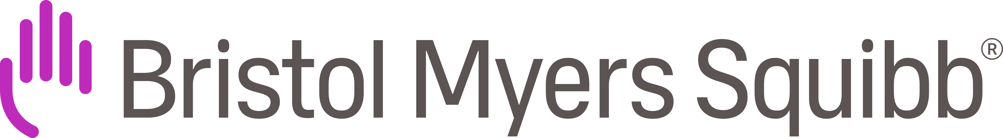 Bristol Myers Squibb company logo with purple vertical bar design and bold text.