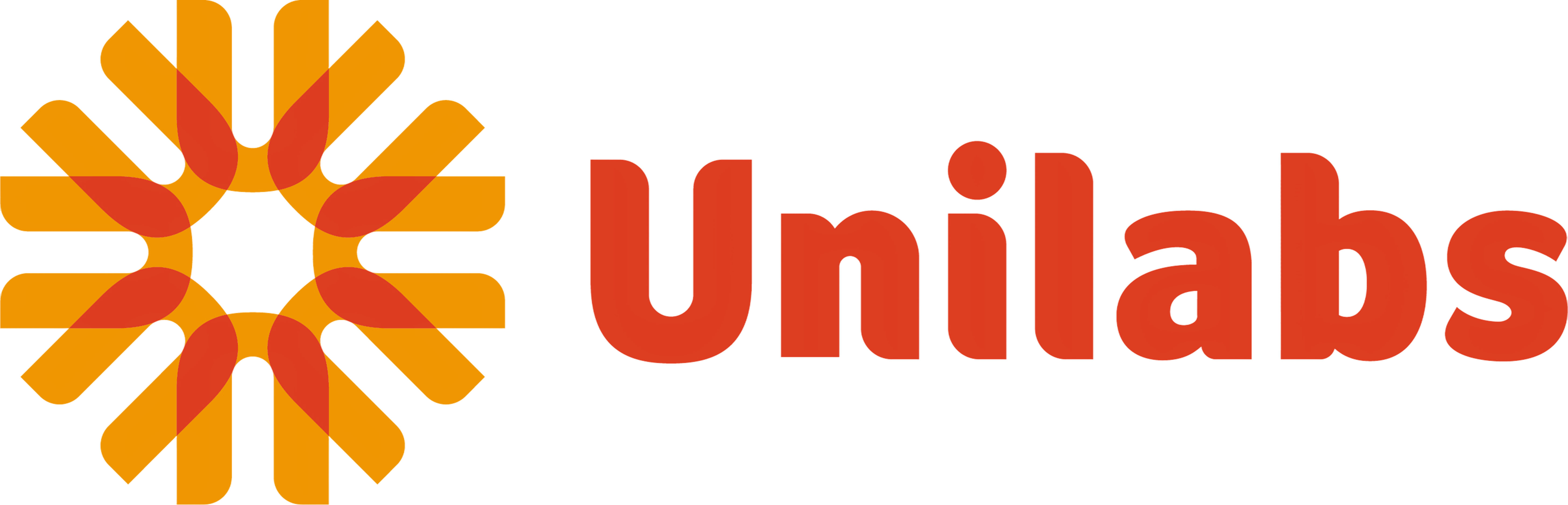 Unilabs logo with stylized star made of orange and red shapes and red text.
