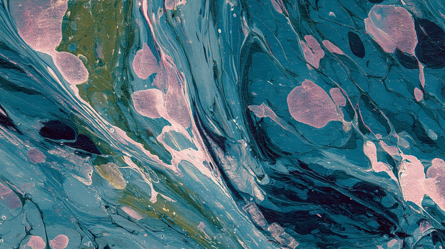 Abstract painting with swirling teal, pink, and gold textures creating a marbled effect.