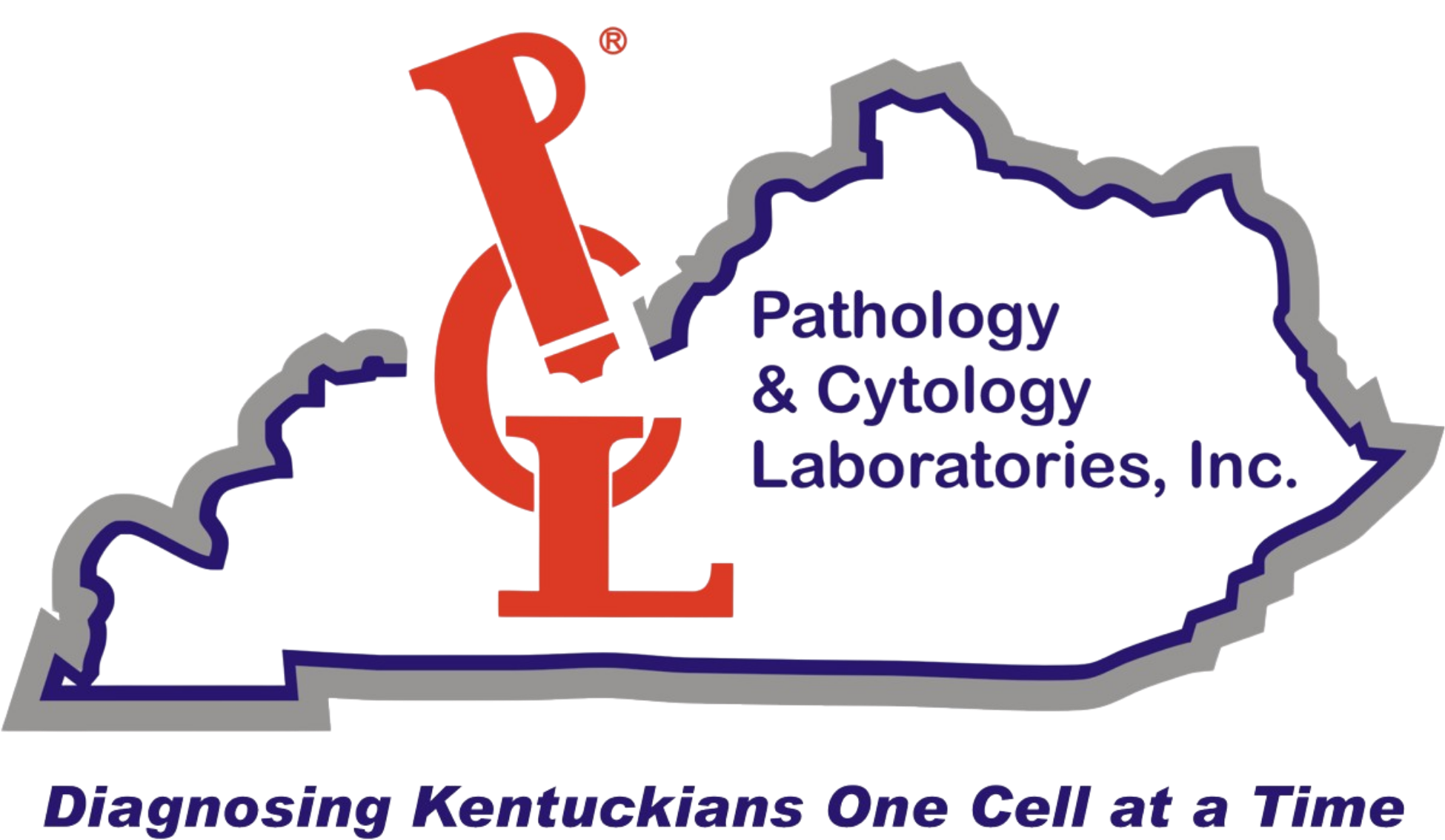 Logo with microscope letters PCL and Kentucky state outline for Pathology & Cytology Laboratories.