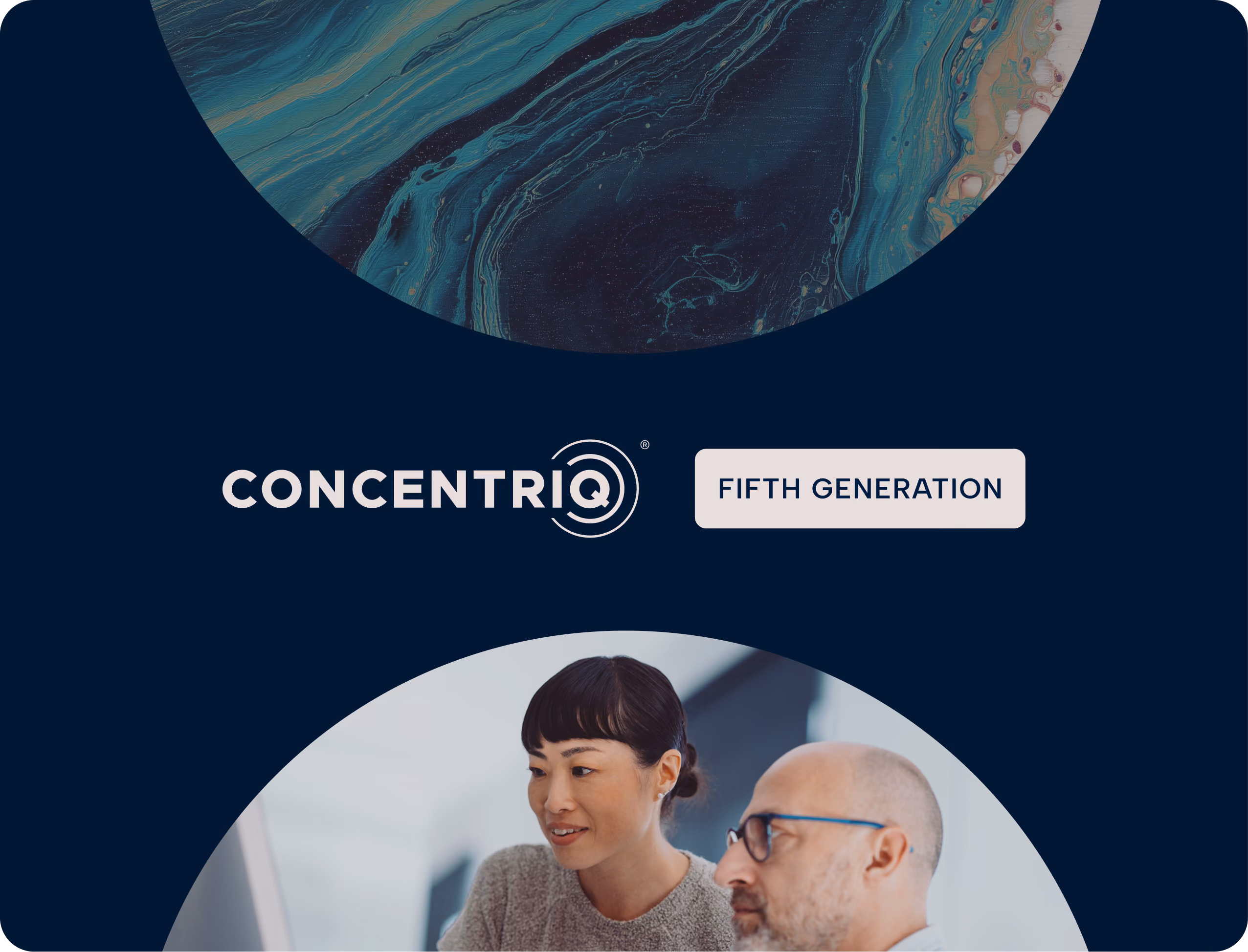 Concentriq logo with the text 'Fifth Generation' above a photo of a woman and a man looking at a computer screen together.