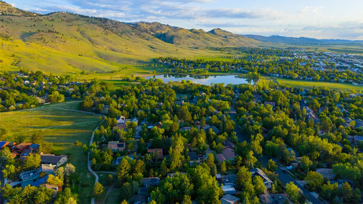 Aerial drone view of the Wonderland Hills neighborhood in Boulder, Colorado