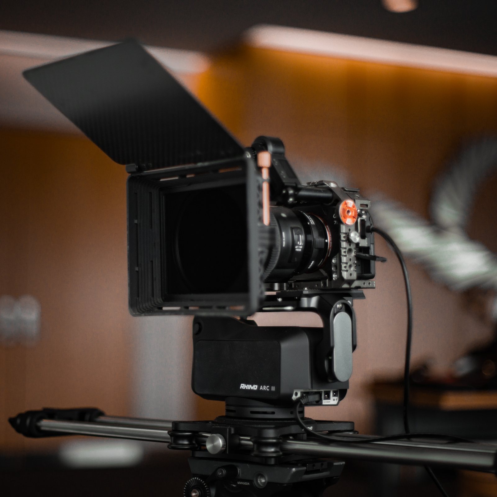 Cinema camera rig on a slider, behind the scenes