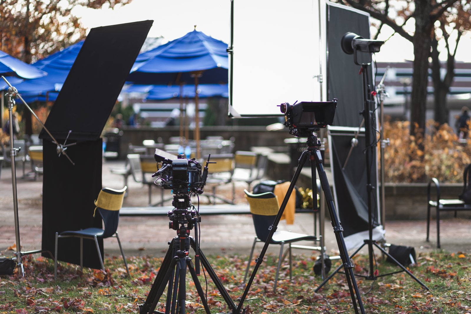 Camera and bounce board set up outside on campus in fall