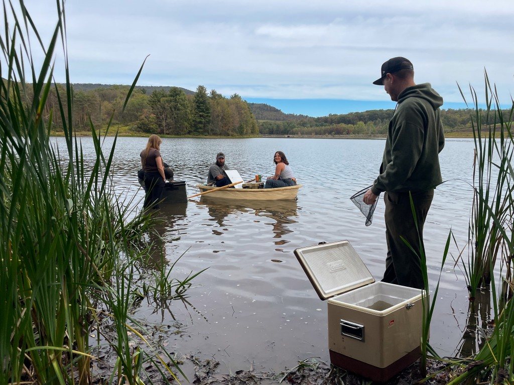 Crew filming the boat scene on the lake