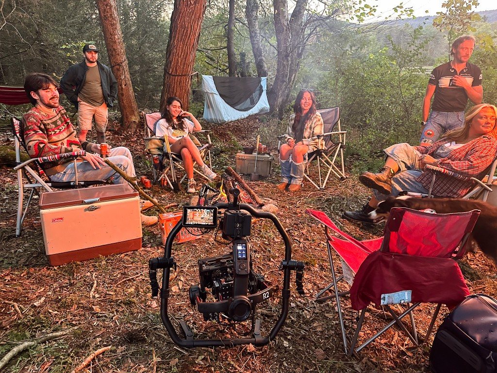 Behind the scenes at the campsite set with the gimbal rig