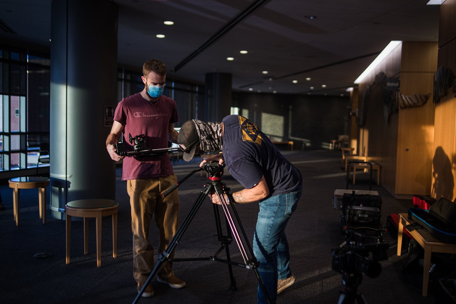 Crew framing a shot on location for a UPMC shoot
