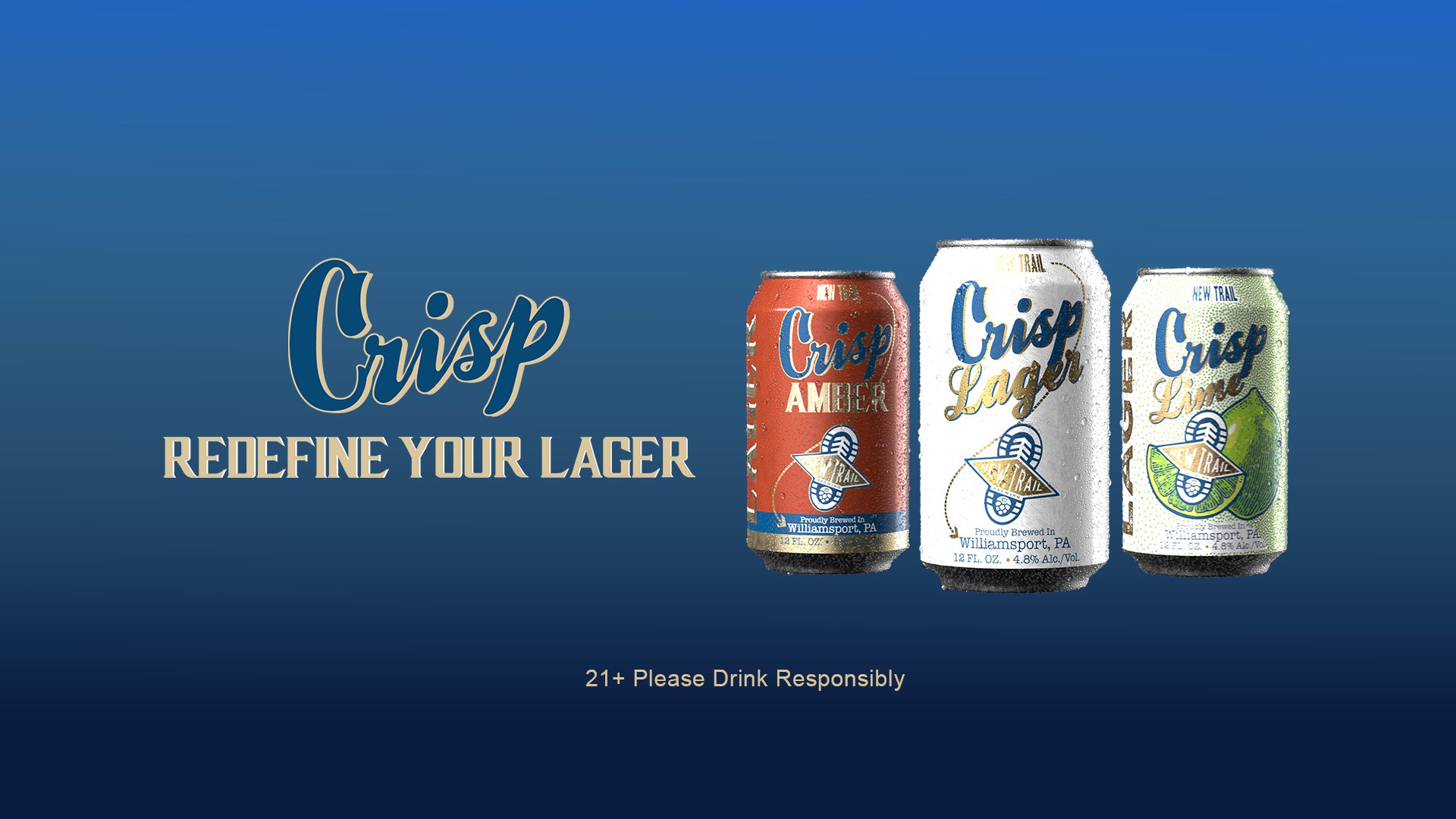 New Trail Crisp end card with Amber, Lager and Lime cans