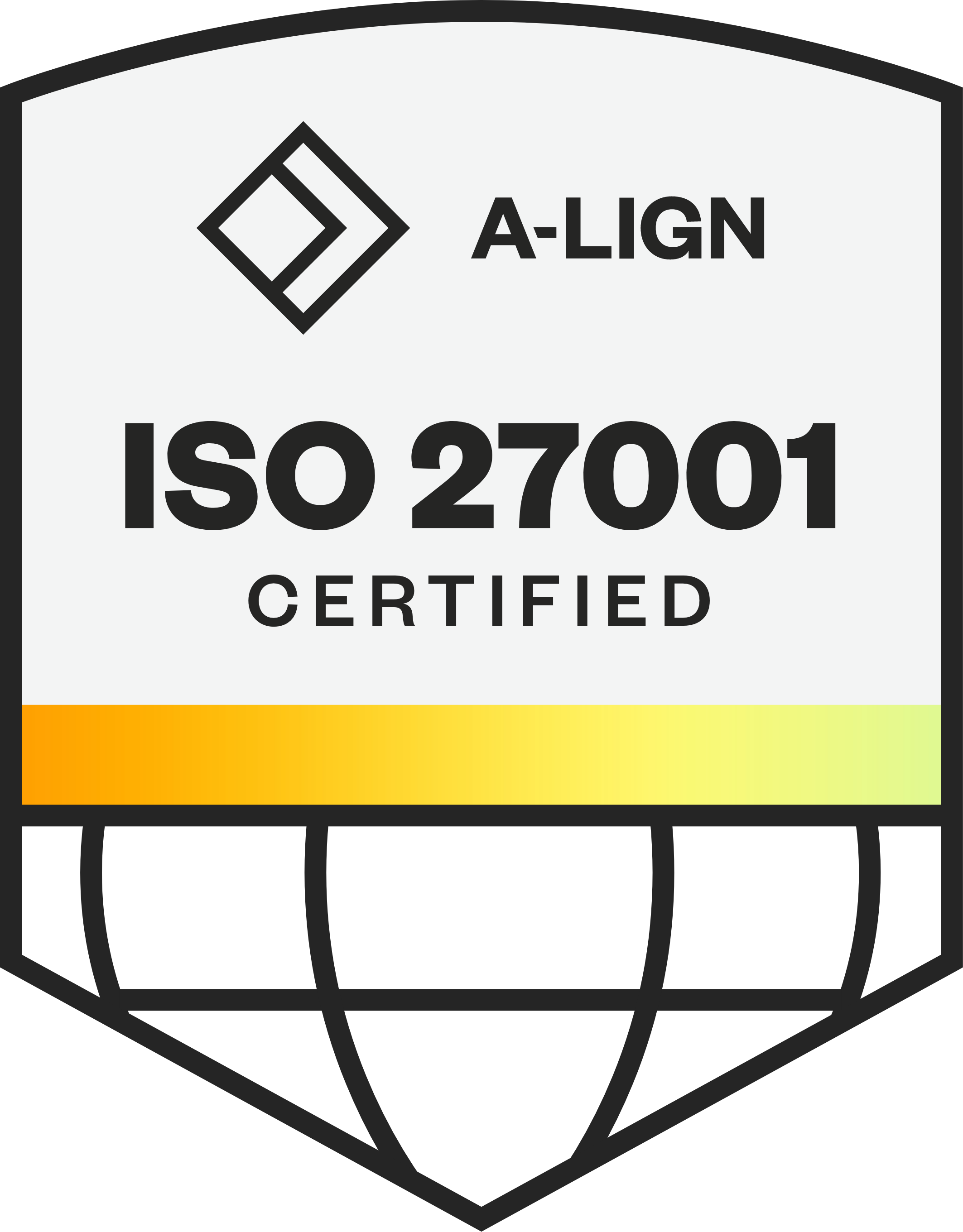 A-LIGN ISO 27001 certified badge with a globe icon and a yellow gradient bar.