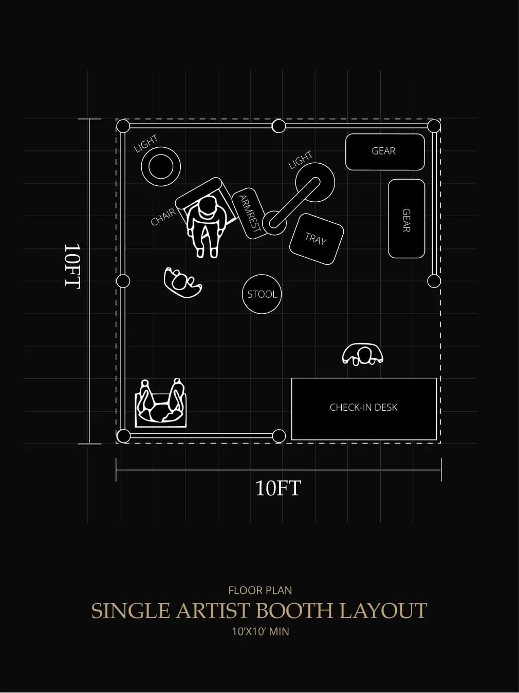 Floor plan of a 10x10 ft single artist booth with chair, armrest, stools, lights, gear, tray, and check-in desk.
