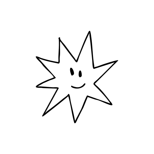 Black-and-white doodle of a smiling star with eight points on a white background.
