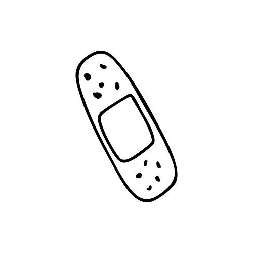 Simple black and white drawing of a bandage with dots on a white background.
