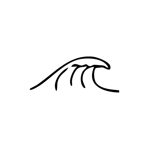 Simple black line drawing of an ocean wave curling on a white background.