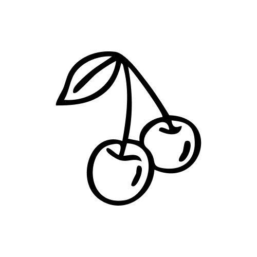 Simple black line drawing of two cherries attached to a single stem with one leaf.
