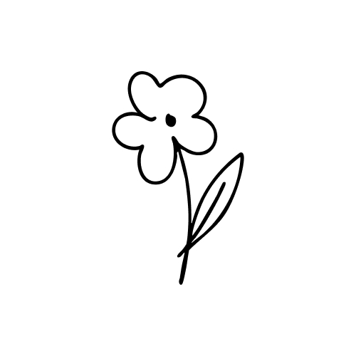 Simple black line drawing of a flower with five petals and one leaf on a stem.