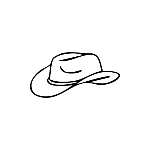 Black outline drawing of a cowboy hat with a curved brim and crease on top.