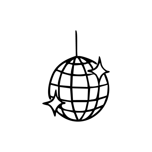 Black line drawing of a disco ball with two shining sparkles hanging by a string.