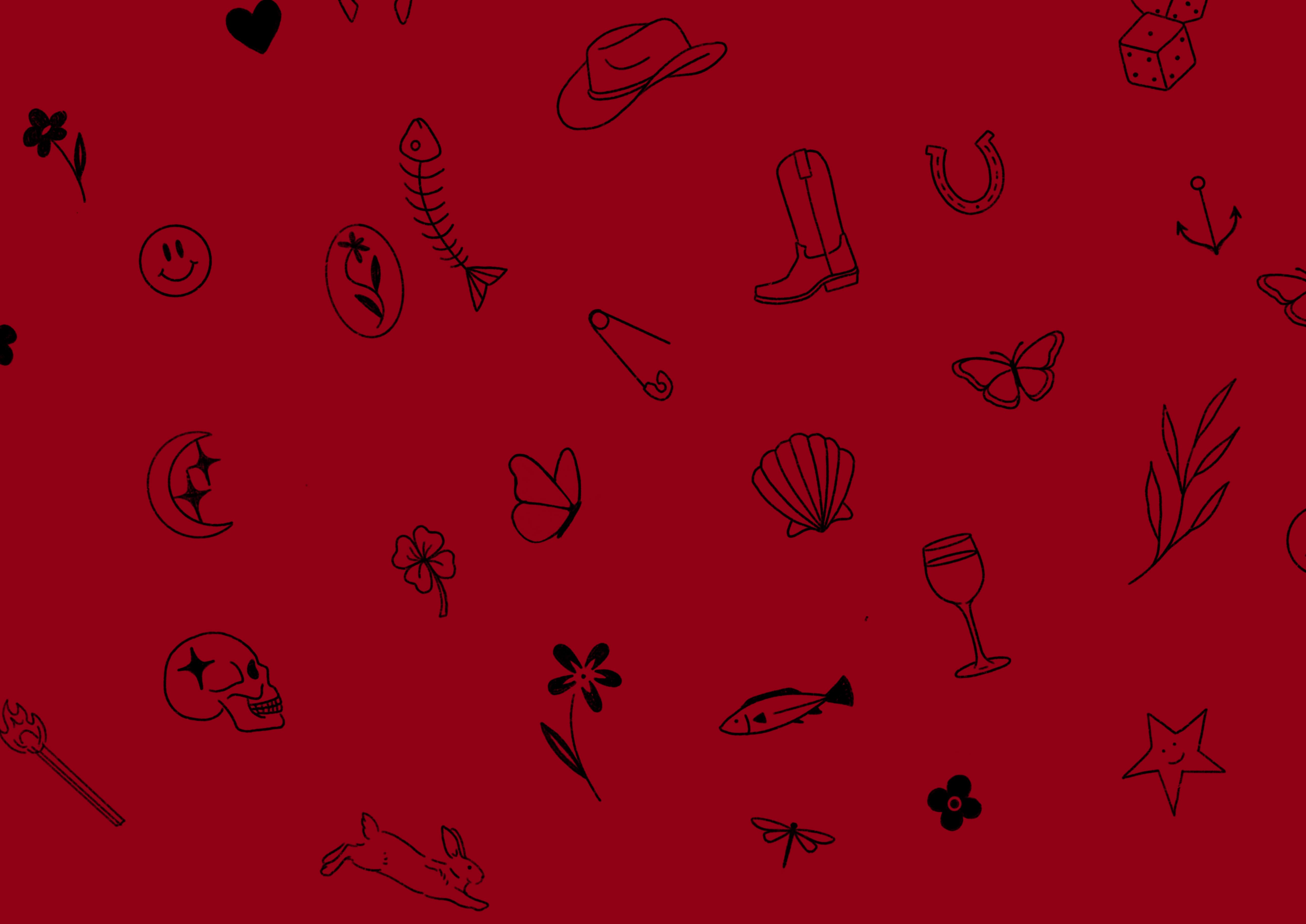 Red background with black line drawings of various icons like skull, butterfly, fish, boot, and flowers.