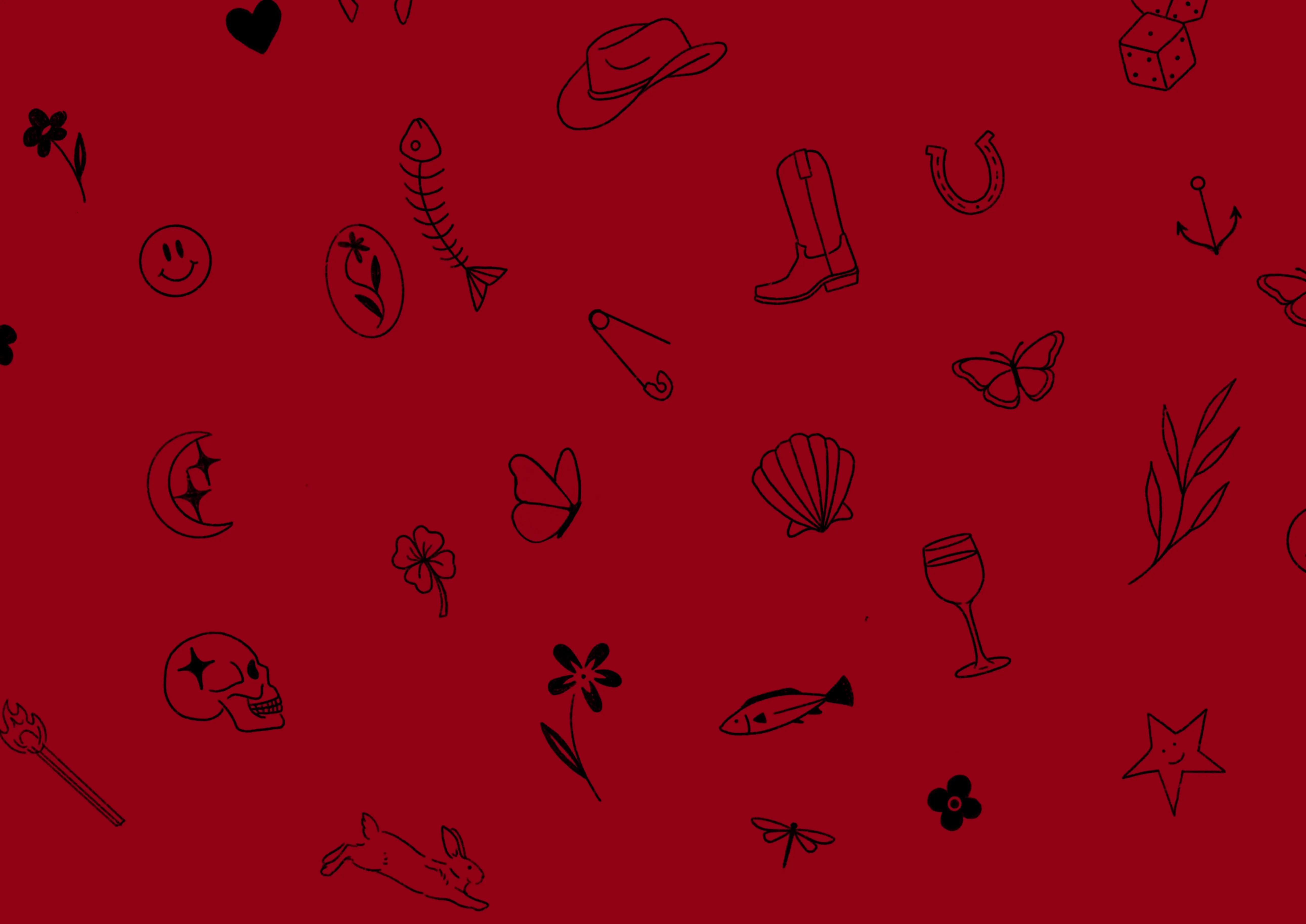 Red background with black line drawings of various icons like skull, butterfly, fish, boot, and flowers.