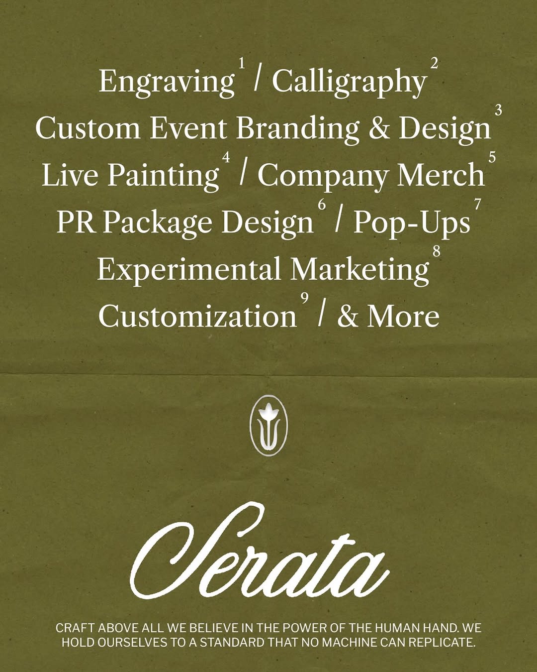 List of creative services including engraving, calligraphy, event branding, live painting, merch, marketing, customization.