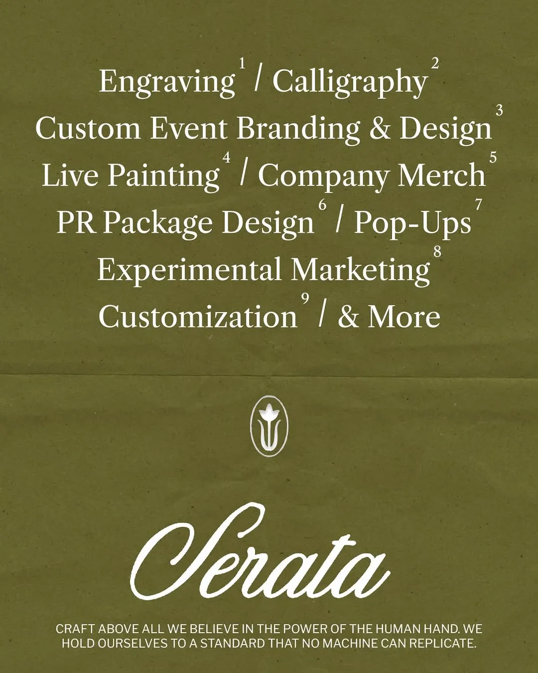 List of creative services including engraving, calligraphy, event branding, live painting, merch, marketing, customization.