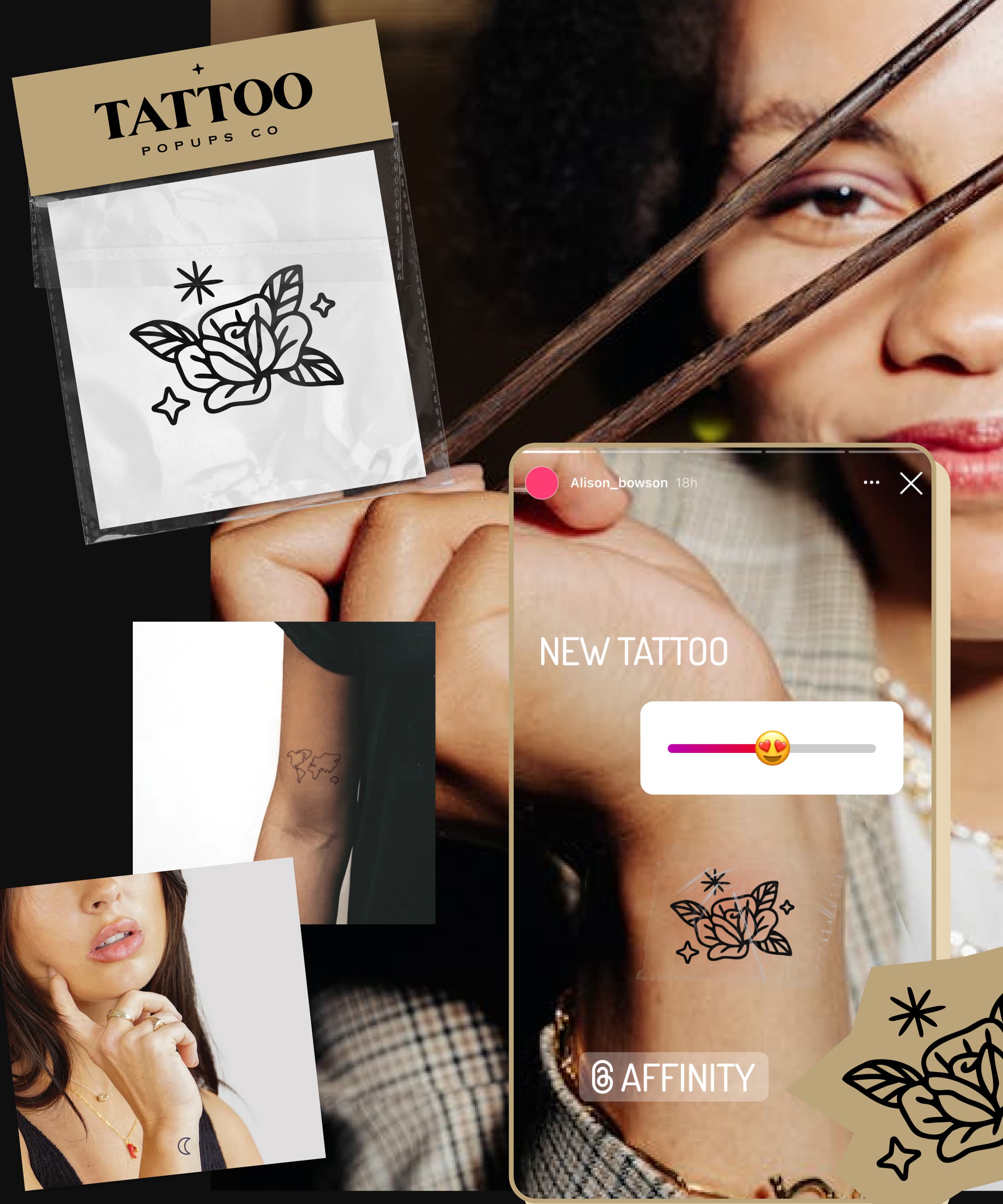 Temporary flower tattoo on wrist displayed by a person holding chopsticks, with other tattoo designs shown.