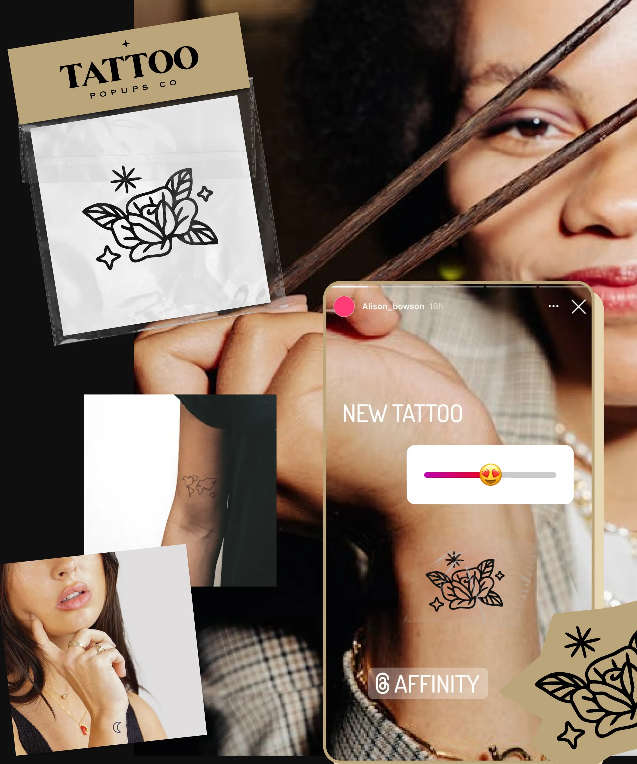 Temporary flower tattoo on wrist displayed by a person holding chopsticks, with other tattoo designs shown.