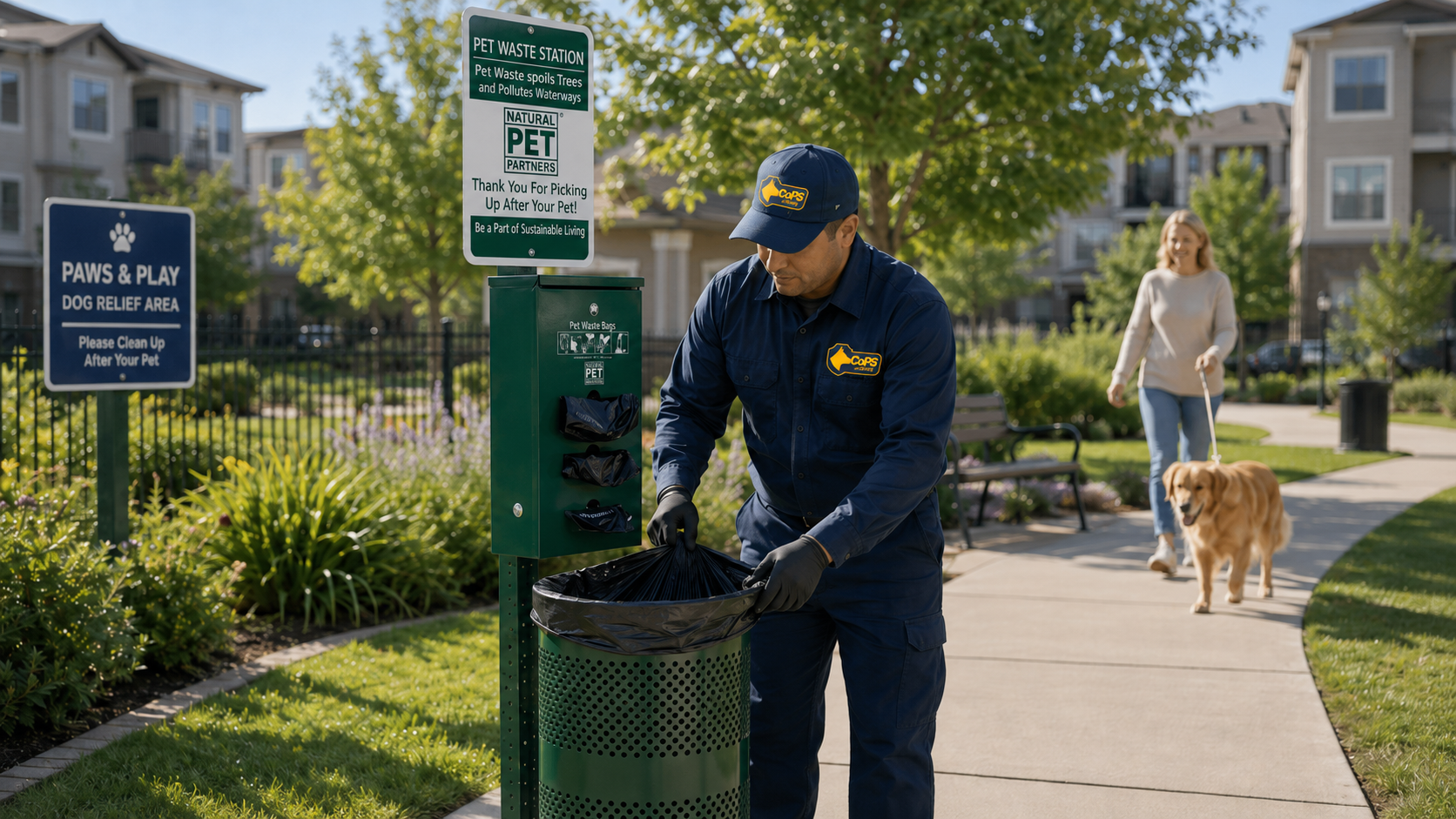 Service worker standing next to trash can