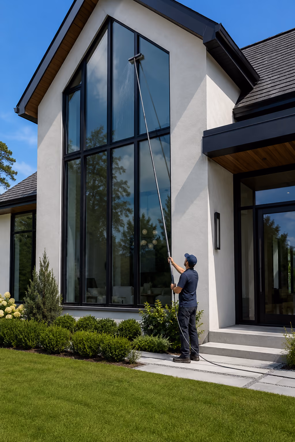 Person cleaning large house windows with a long pole on a sunny day with green lawn.