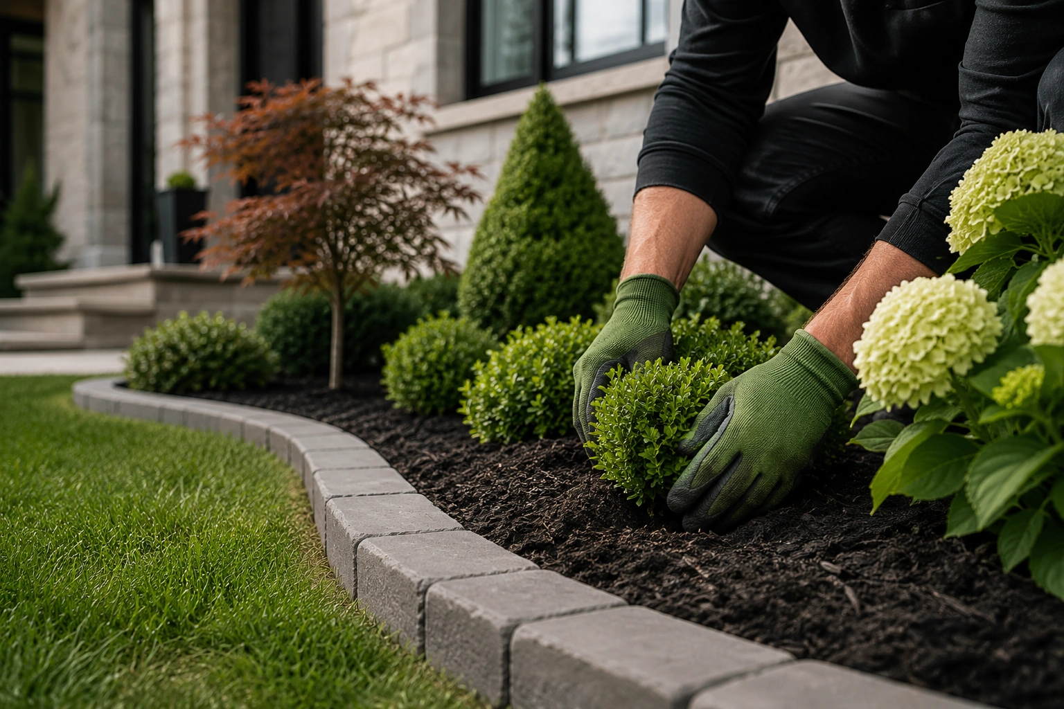 Person wearing green gloves planting a small bush in a landscaped garden bed near house steps.