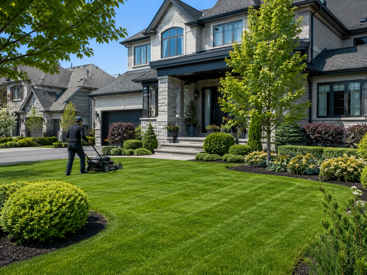 Person mowing a lush green lawn in front of a large stone house on a sunny day.