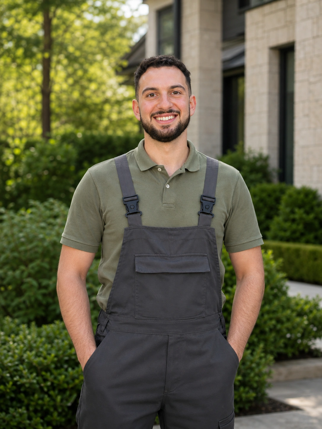 Smiling man wearing black overalls and green polo shirt standing outdoors with hands in pockets.