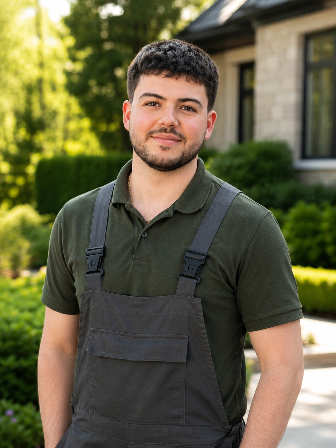 Young man in dark overalls and polo shirt standing outdoors in a garden with trees and a house behind.