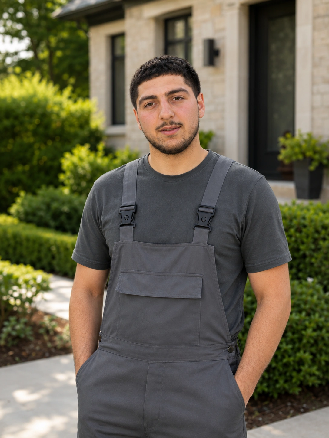 Young man with short hair and beard wearing gray overalls stands outside a house with greenery.