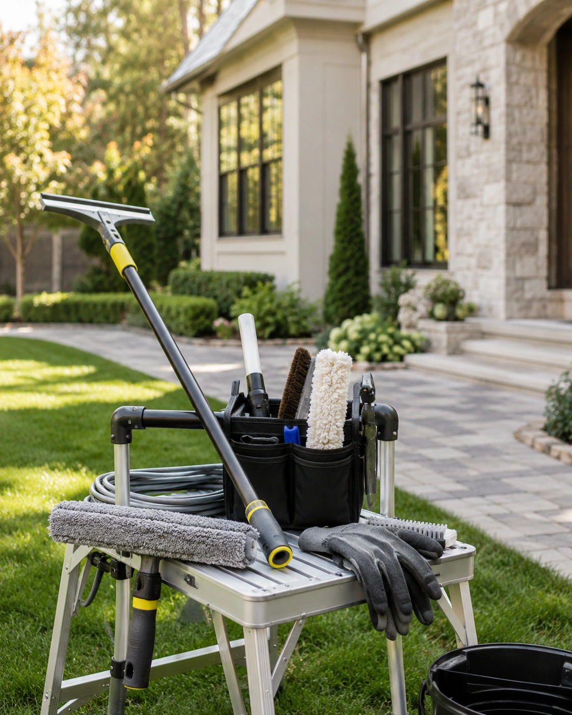 Window cleaning tools on a silver step stool outside a house with garden and walkway.
