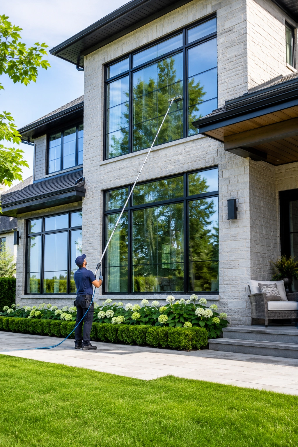 Worker cleaning tall house windows with long pole squeegee on a sunny day.