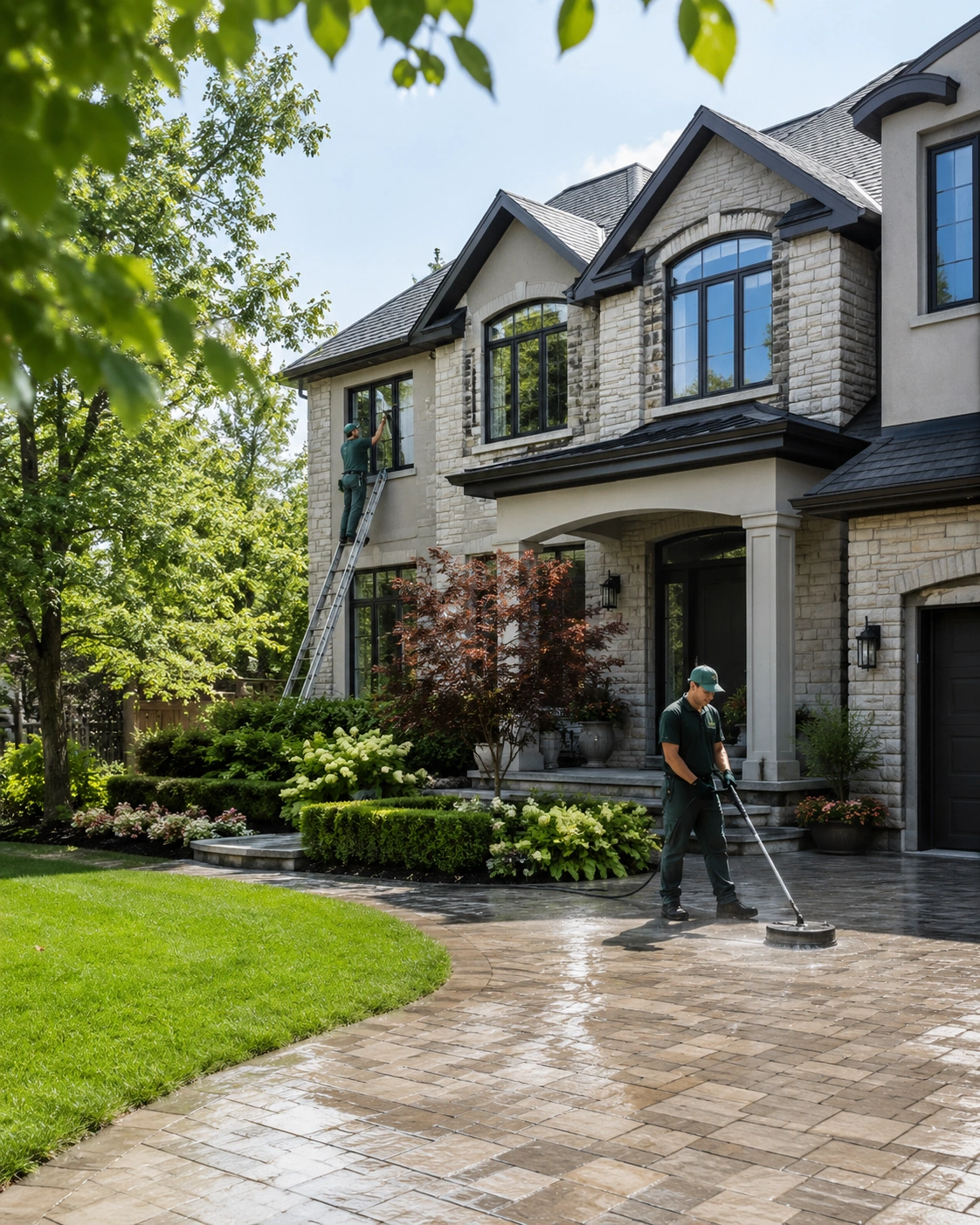 Two workers cleaning a house exterior: one on ladder washing windows, one power washing driveway.