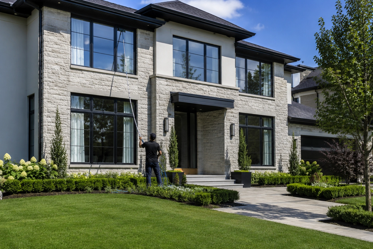 Person cleaning large window with long pole outside a modern two-story house with stone facade.