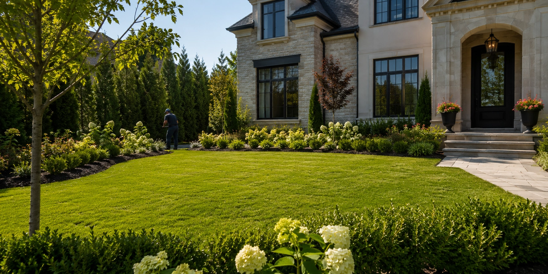 Man tending lush landscaped front yard of large stone house with manicured lawn and flower beds.