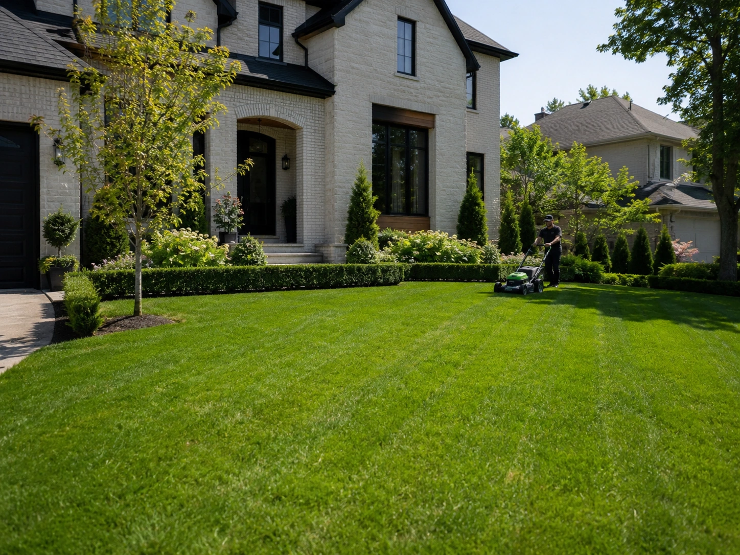 Person mowing a large, green lawn in front of a modern brick house on a sunny day.