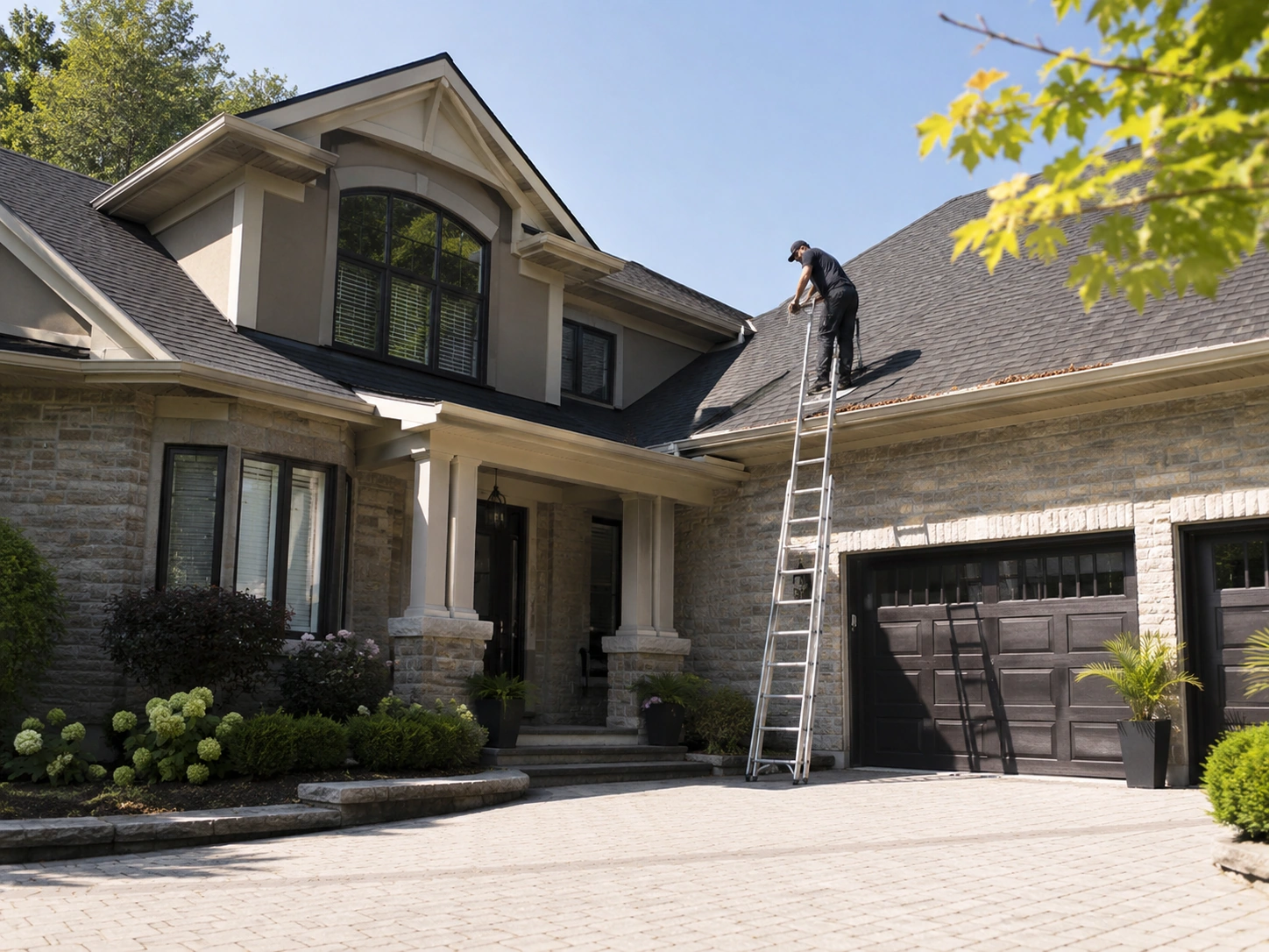 Man on ladder cleaning leaves from gutter of a modern house with stone and beige exterior.
