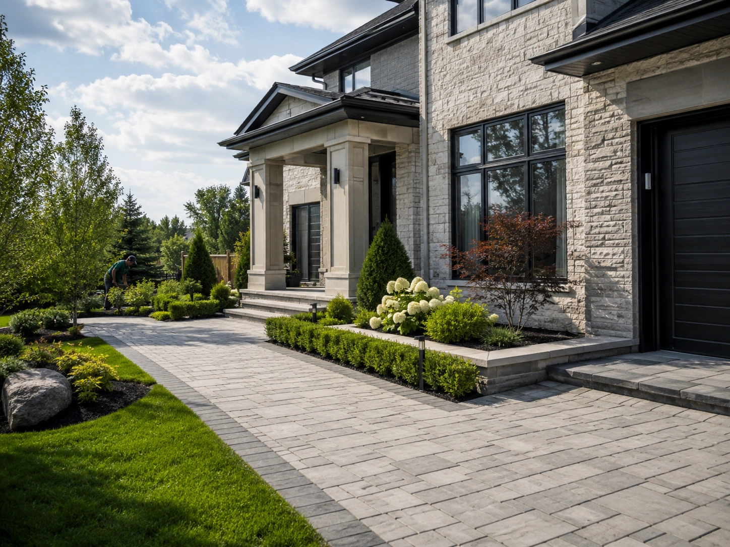 Modern stone house with a paved walkway, manicured landscaping, and a gardener tending plants.