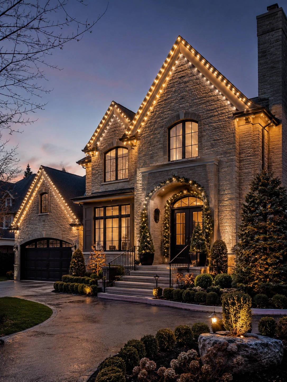 Man power washing a large stone driveway in front of a modern stone house with garden beds.